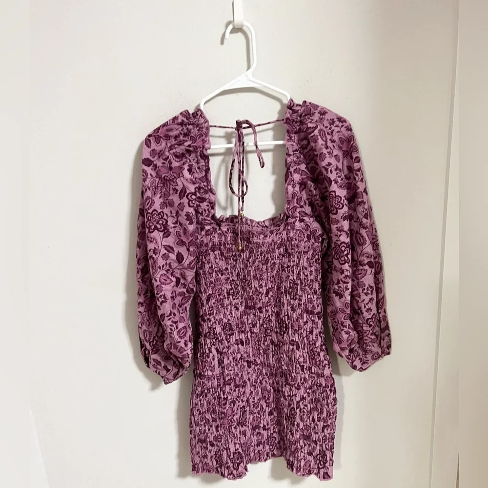 NWT Free people smocked purple mini dress puff sleeves cotton
